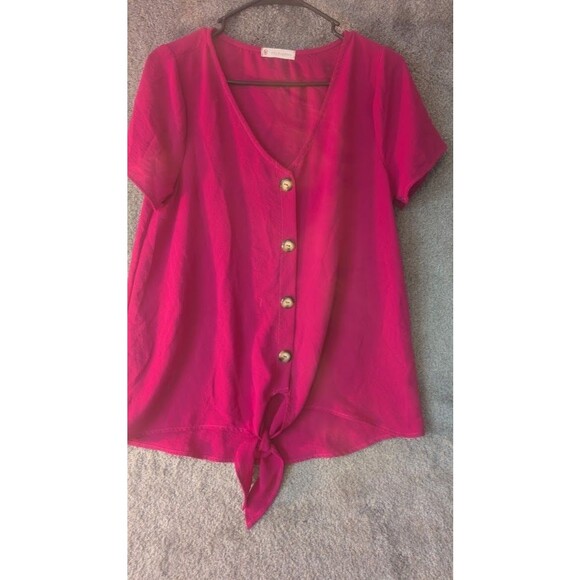 Womens Blouse FSL + Apparel Rose Short Sleeve Tie Front Size Medium - Picture 1 of 7